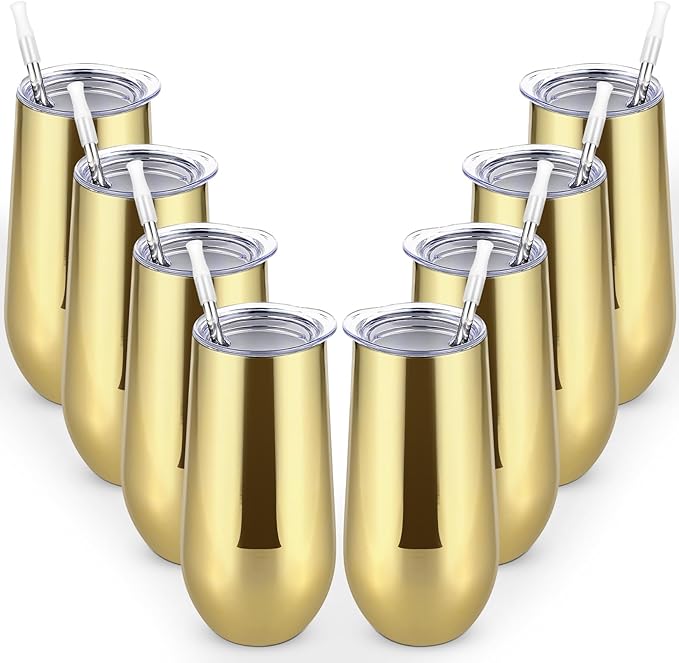 Lifecapido 8 Pack Insulated Stemless Tumblers, 12oz Stainless Steel Flute Tumblers, Gold Plating for Birthday Party Wedding Christmas