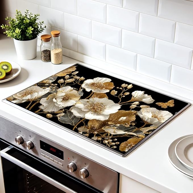 Stove Top Cover for Electric Stove 28.4 x 20.5 Inch Non Slip Stove Mat Oil Proof White Gold Floral Glass Cooktop Protector Kitchen Counter Mat