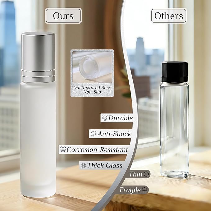 PrettyCare 4 Pack, 10 ml Essential Oil Roller Bottles with Stainless Steel Roller Ball - Refillable Leak-proof Empty Thick Frosted Glass Roll on Bottles with Silver Caps for Travel, Perfume