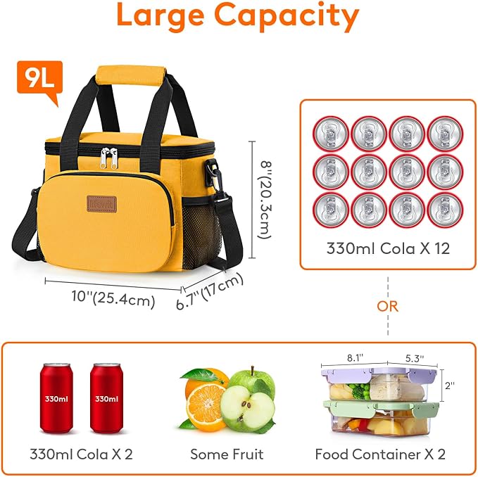 Lifewit Medium Lunch Bag, Insulated Lunch Box, Soft Cooler Cooling Tote for Adult Men Women, Orange 12-Can (9L)