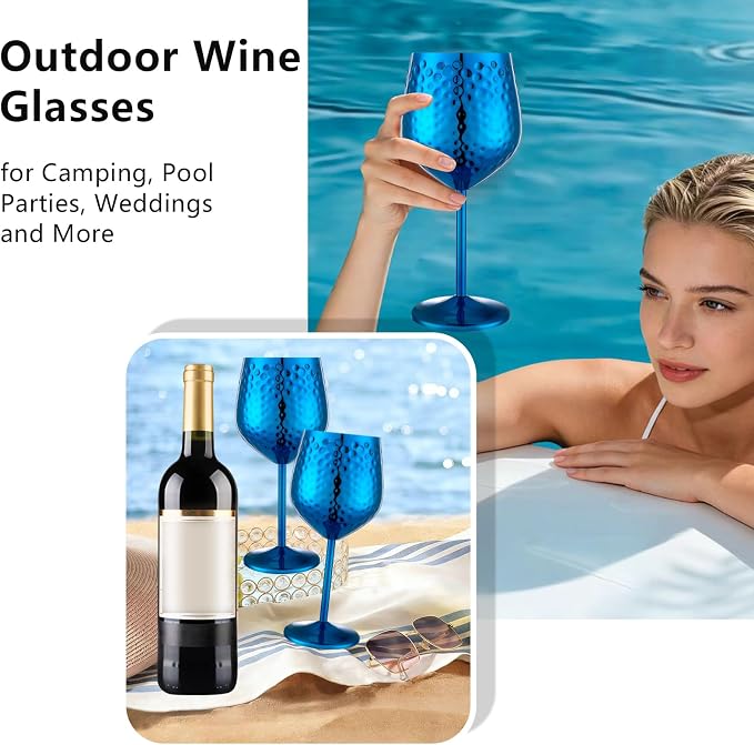 UNISWEET Stainless Steel Wine Glasses Set of 4 Unbreakable (Blue) | 17 oz Large-capacity Hammered Goblets, Lightweight & Reusable, Good for Outdoor, Camping, Pool Travel, Gift for Wine Lovers
