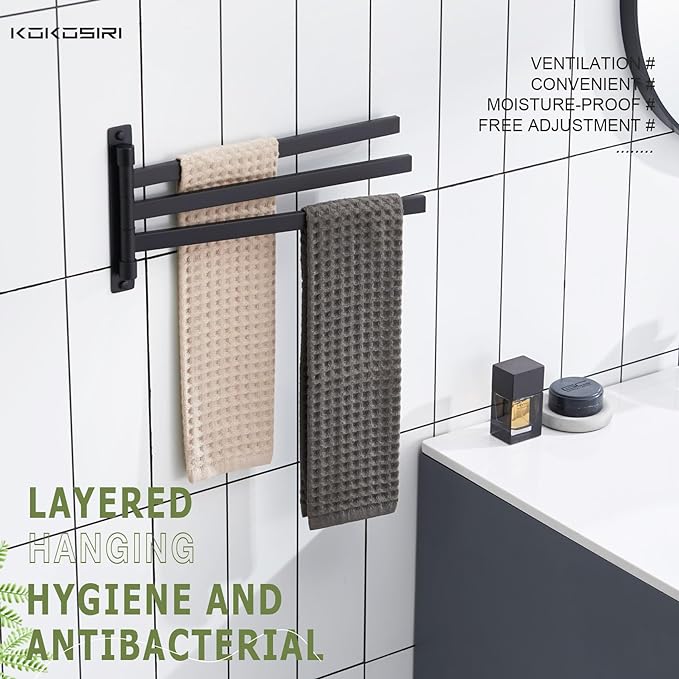 KOKOSIRI Bathroom Towel Bars Swivel Towel Rails Matte Black Swing Out Hand Towel Holder 3-Arm for Bath Kitchen Wall Stainless Steel B5007BK-A3