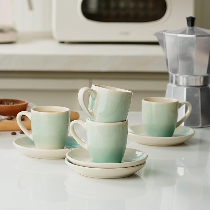 famiware Glacier Espresso Cups with Saucers Set of 4, 3oz Espresso Cup Set, Coffee Mug Set for Latte, Macchiato, Stoneware Demitasse Cups Set for Cafe, Microwave&Dishwasher Safe, Aqua
