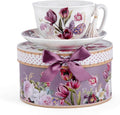 STP GOODS Bone China Tea/Coffee Cup and Saucer in Gift Box Fine Bone China Coffee Cup with Saucer Tea Cup and Saucer Set of One (Flowers 300ml)