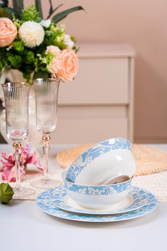 FHGNYSM Light Blue Porcelain Dinnerware Set,12-Piece Plates and Bowels set | Vitage Floral Scroll Pattern, Service for 4, Elegant Classic Kitchen Dish Set for Wedding, Party & Everyday Use