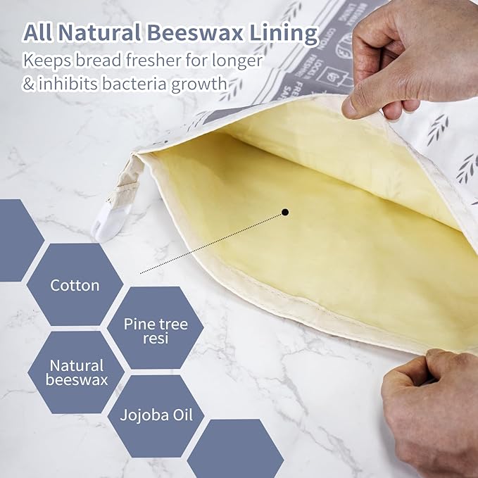 Saicefe 2 Pack Reusable Beeswax Bread Bags for Sourdough & Homemade Bread, Cotton Waxed Bags Keeps Fresh Longer XL Food Storage Bags with Beeswax Lining, Freezer Safe, Baking Supplies for Sourdough