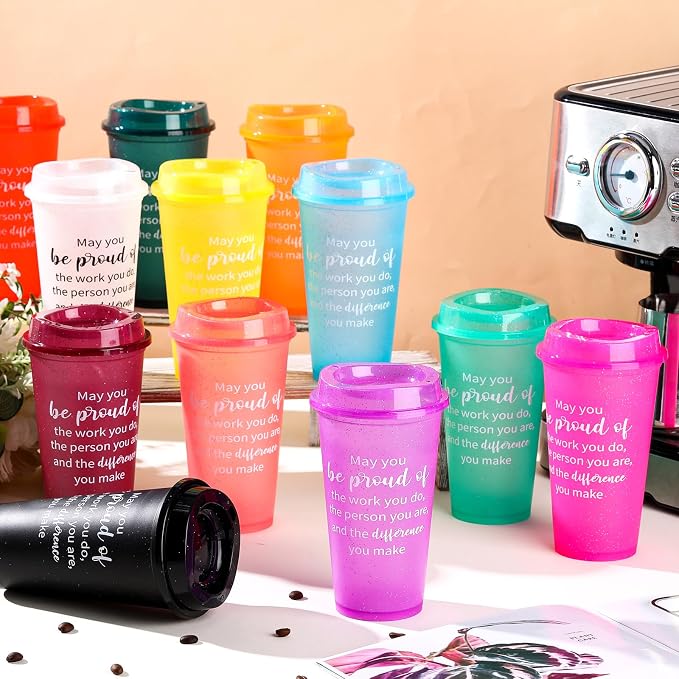 Skylety 24 Pcs Appreciation Tumblers Gifts Bulk 16 oz Thank You Teacher Employee Plastic Coffee Cups with Lids Colorful Reusable Inspirational Tumblers for Coworker Staff Christmas