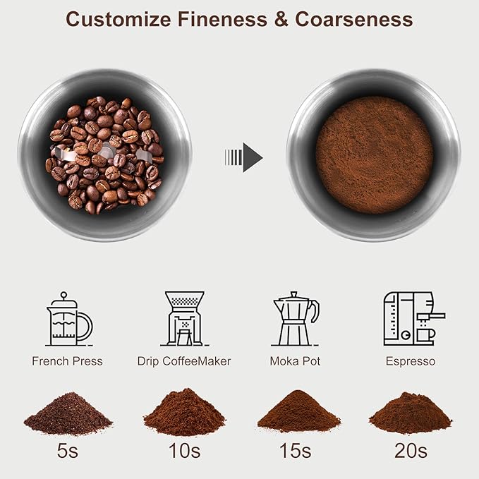 Secura Electric Coffee Grinder with 2 Removable Bowls and French Press 50-Ounce, Stainless Steel Coffee Press