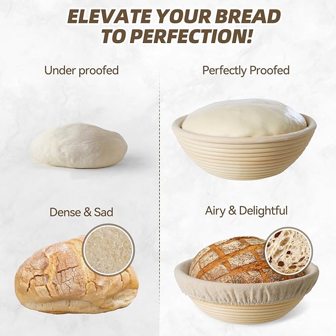 Kikcoin 9" & 10" & 10" Banneton Bread Proofing Basket Set, Round & Oval Banneton Basket for Sourdough Baking, Baking Supplies with Linen Liner, Bread Lame & Dough Scraper, Sourdough Proofing Tools