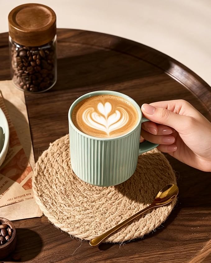 famiware Coffee Mug Set for 6, Star 12 oz Catering Mugs Cup Set with Handle for Coffee, Tea, Cocoa, Milk- Ceramic Stoneware Drinkware Set, Light Green