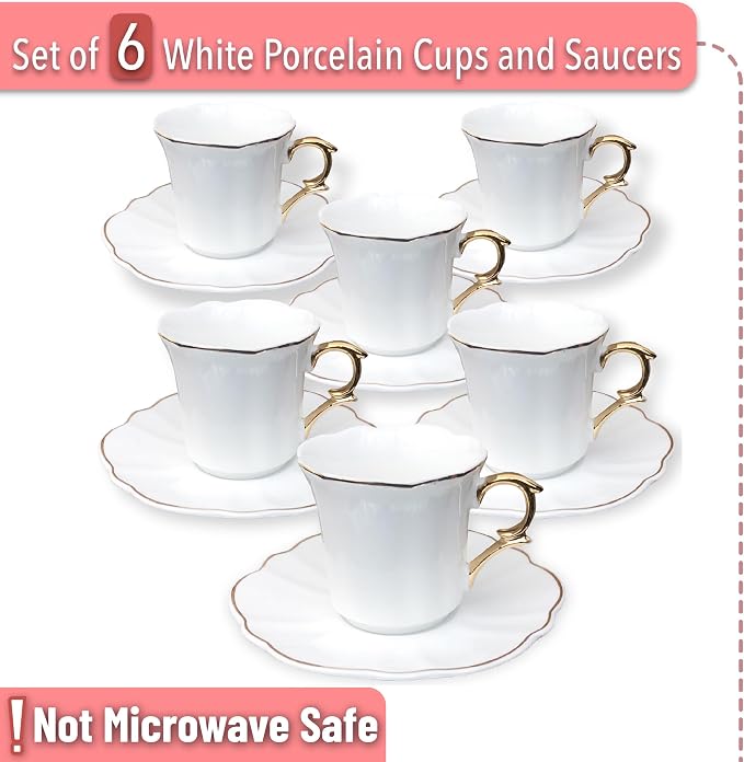 BTaT- Turkish Coffee Cup Set, 3 oz, 6 Set (12 pcs) | Elegant White Cups Saucers Gold Trim Espresso Set Greek Arabic Turkish Coffee Gift Use