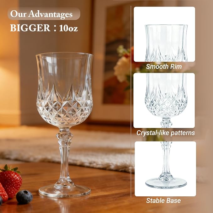 30 Pack Plastic Wine Glasses,10oz Unbreakable Vintage Style Goblets,Reusable Crystal Like Drinking Glass for Wedding Reception, Party Supplies (Clear)