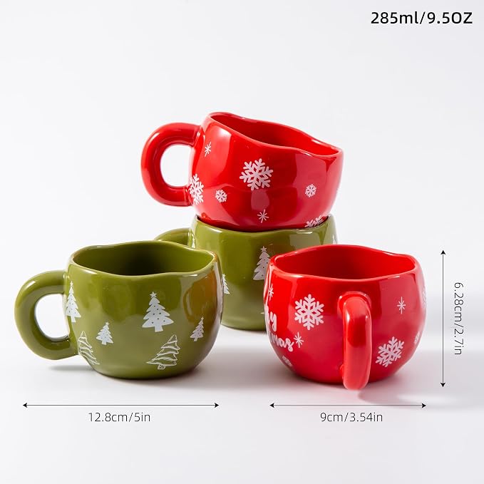 4pcs Ceramic Christmas Mugs Set, 9.4OZ Cute Coffee Cup Set, Red & Green, Dishwasher Safe, Christmas Tree & Snow Design, Gift for Women