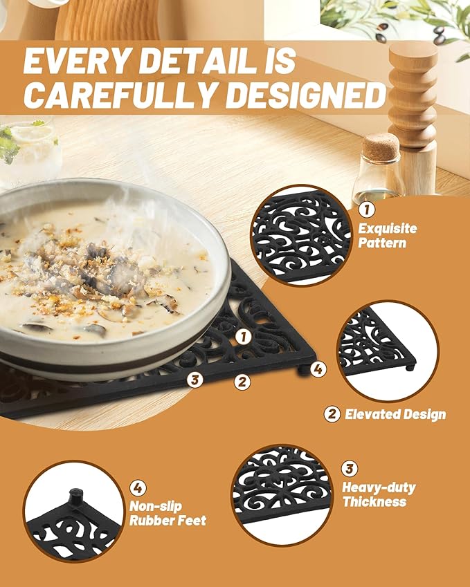 Black Rectangle Cast Iron Trivet 2-Pack for Kitchen & Dining - Heavy-Duty Hot Dish Pads, Decorative Heat Resistant Pot Holders with Raised Feet