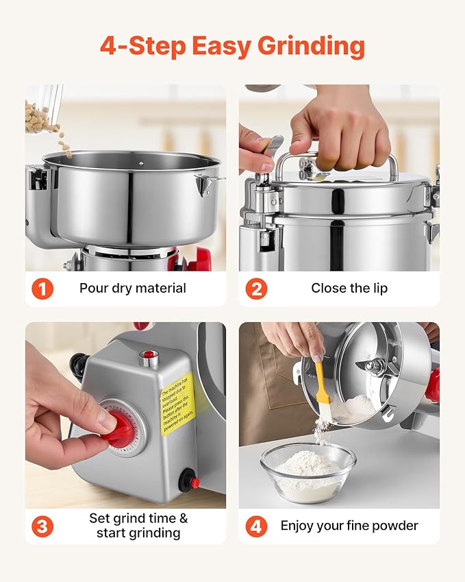 VEVOR 2500g Electric Grain Mill Grinder, High Speed 3400W Commercial Spice Grinders, Stainless Steel Pulverizer Powder Machine, for Dry Grains Spices Cereals Coffee Corn Pepper, Swing Type