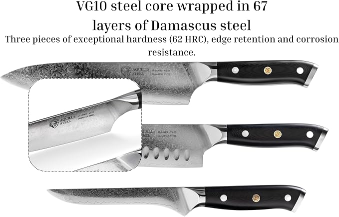 Set of 3 Premium Japanese Damascus Chef Knives – VG10 Steel Core, 67-Layer Razor-Sharp Blades, Full Tang Design with Ergonomic Handles, Presented in a Luxury Natural Wood Gift Box
