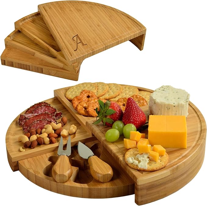 Picnic at Ascot Patented Personalized Monogrammed Engraved Bamboo Cheese/Charcuterie Board with Cheese Knives- Designed & Quality Checked in The USA