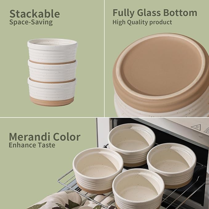 Frewinky Ceramic Ramekins 10 oz Set of 6 for Creme Brulee and Souffle Cups | 10 oz ceramic ramekins for creme brulee, souffle, lava cakes and baked desserts, with an oven-safe, stackable design.