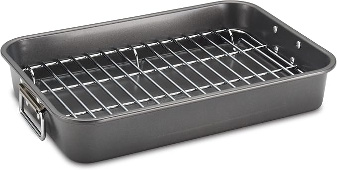 Farberware Bakeware Nonstick Roaster with Flat Rack, Roasting Pan with Rack For Home Cooking, 11-Inch x 15-Inch, Gray