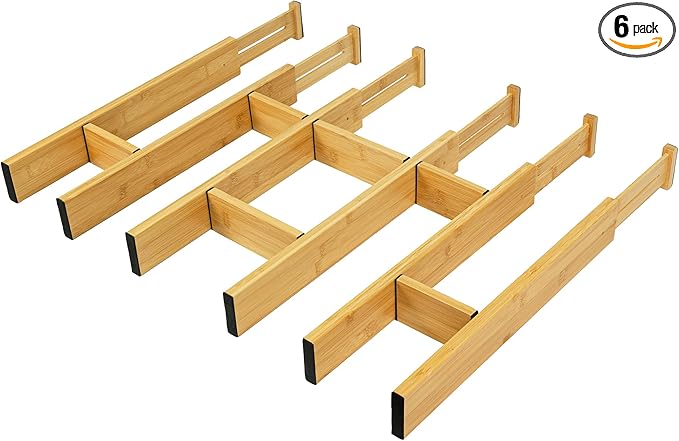 EcoFives Adjustable Bamboo Drawer Dividers with Inserts, Expandable Spring-Loaded Drawer Organizer for Kitchen, Clothes, Tools, Silverware, Bamboo Organizer Separators - 6 Large Pieces
