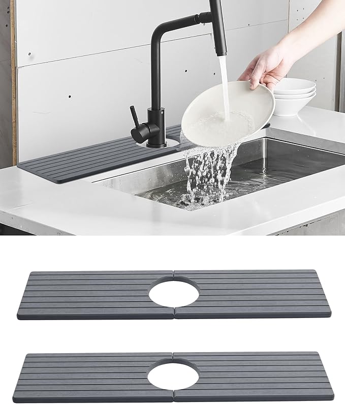 2-Pack Faucet Mat for Kitchen Sink, Diatomite Quick Drying Stone Mat, Splash Guard & Drip Catcher - 15.7x4 Inch Dark Grey, Durable for Faucet Bathroom Counter