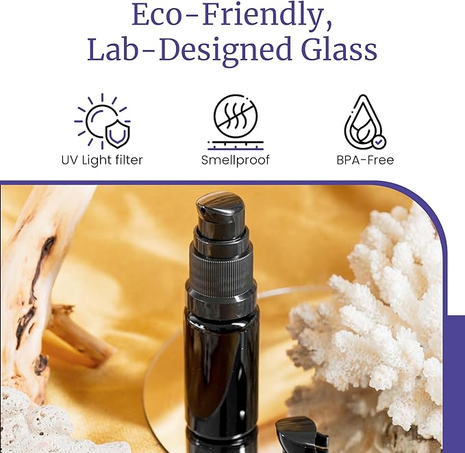 Infinity Jars 10 Ml (0.34 fl oz) Refillable Ultraviolet Black Glass Pump Bottles Leak-Proof Travel Containers for Toner, Sanitizer, Beard Oil, Hair Serum, Essential Oils