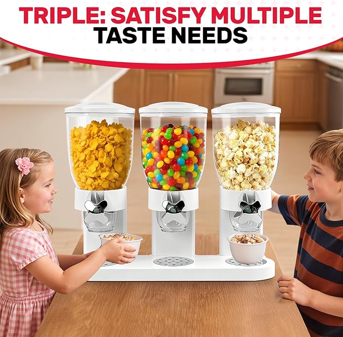 Triple Cereal Dispenser Countertop 2L, Airtight Cereal Containers Storage, Large Capacity Total 6L for Kitchen Pantry, Rotating Dry Food Dispenser for Candy, Nut, Coffee Beans, White