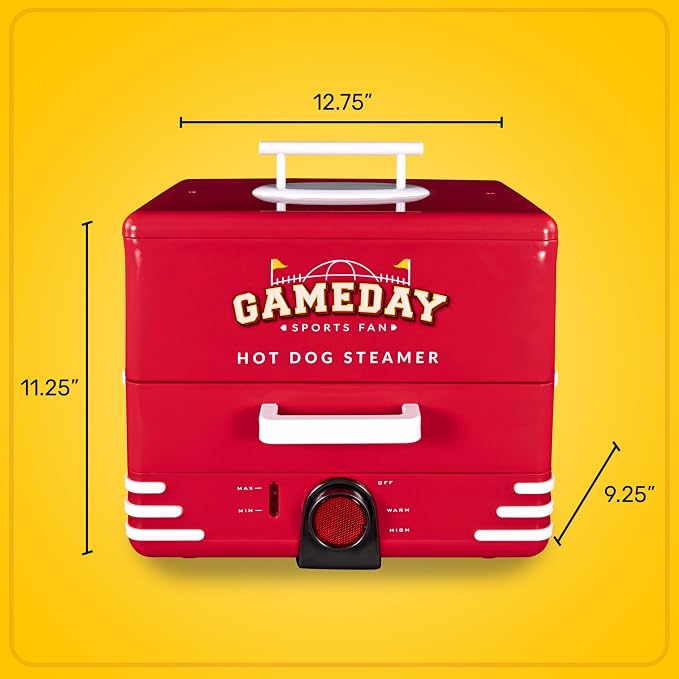 Nostalgia, Game Day Hot Dog Steamer and Bun Warmer, Fits 20 Dogs and 8 Buns, Steams Pot Stickers, Veggies, Potatoes, and Other Appetizers or Toppings