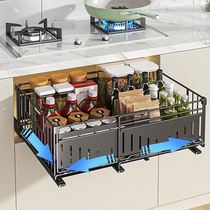 Expandable Pull Out Cabinet Organiser, No Drill Adhesive Slide Out Kitchen Drawer Shelf Durable Metal for Under Sink, Cupboard, Pantry, Adjustable Width (12.8"-19.7") (Style A Black, 1 Pack)