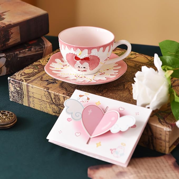 Adorable Bunny-Themed Pink Ceramic Cup & Saucer Set，7oz hand-painted ceramic Perfect for fairy tea parties, birthday gifts, parties, Christmas, and New Year. (Pink)
