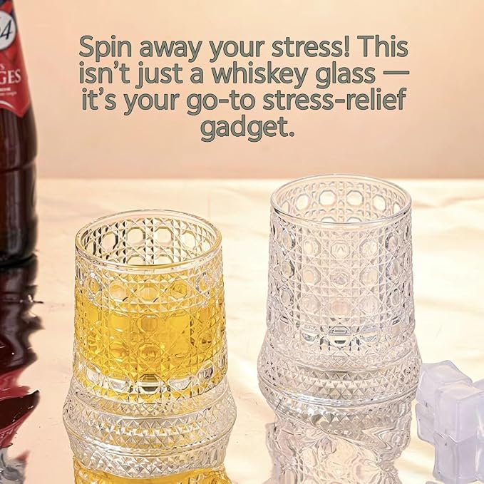 Rotating Whiskey Glasses 2-Pack – 10oz Glowing Spinning Whiskey Glasses, 360° Tumbler for Stress Relief, Heavy Anti-Slip Base, for Bourbon, Scotch, Cocktails, Unique Gifts for Men Dad Husband