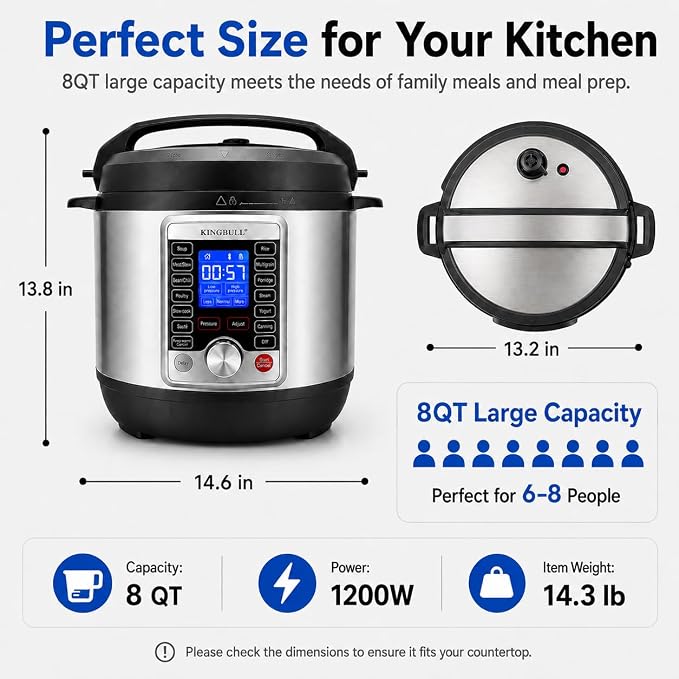 KINGBULL 14-in-1 Electric Pressure Cooker 8 Quart, Stainless Steel Multi Cooker with LCD Display and Knob Control, Slow Cooker, Rice Cooker, Steamer, Sauté, Yogurt Maker, Warmer, DIY Mode
