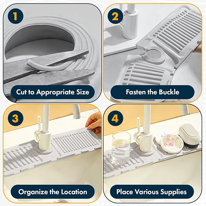 Kitchen Sink Faucet Mat, 2 Pack Silicone Splash Guard and Drip Catcher Tray, Sink Organizer, Sponge Holder & Drying Mat for Countertop (Grey)