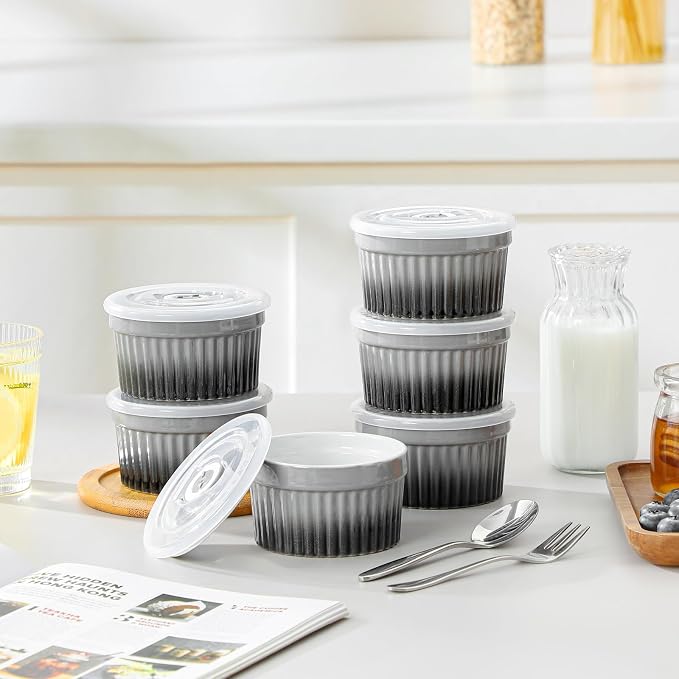 vancasso 8 oz Ramekins with Lid, Porcelain Creme Brulee Souffle Dishes, Grey Pudding Custard Cups Ramiken for Baking, Dishwasher and Oven Safe, Set of 6