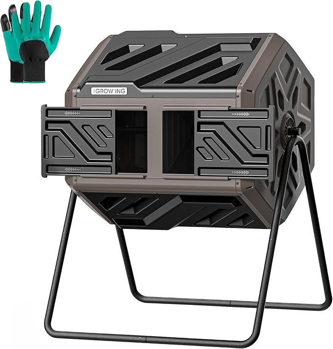THEGROW'ING 43 Gallon Dual Chamber Compost Bin with Built-in Nuts, Outdoor Rotating Composter Tumbler for Garden Backyard, Brown