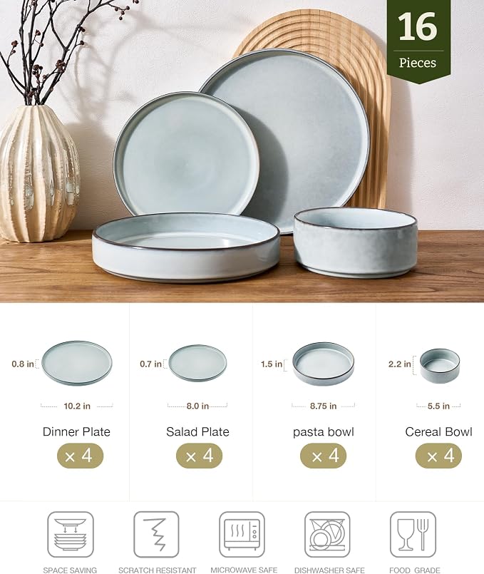 Famiware Annecy Plates and Bowls Sets, Service for 4 (16 Pieces), Dinnerware Sets with Pasta Bowls, Microwave and Dishwasher Safe Dishes Set, Chip and Scratch Resistant, Grey Blue