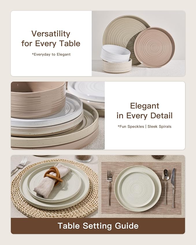 Stoneware Dinnerware Sets for 8, 24-Piece High Edge Plates and Bowls with Speckled Glaze & Spiral Design - Chip & Scratch Resistant, Microwave & Dishwasher Safe - Gift Box, Multicolor
