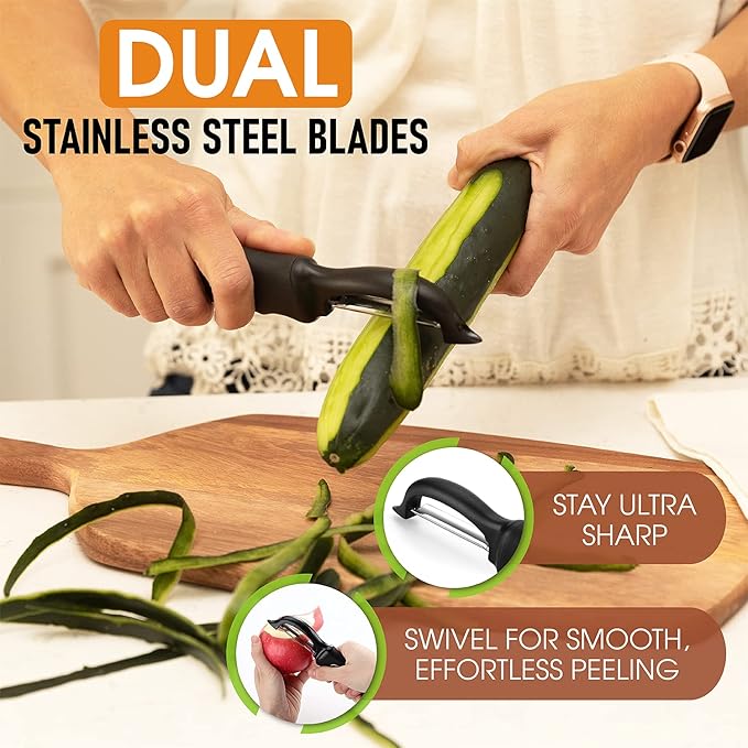 Spring Chef Premium Swivel Vegetable Peeler & Magnetic Measuring Cups & Spoons, Set of 15 with Leveler - 2 Product Bundle - Black