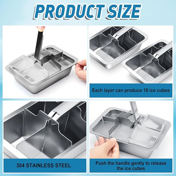 Yaocom 2 Pcs 6 Slot Stainless Steel Ice Cube Maker and Tray Ice Cube Tray for Bars Kitchens Levers Remove Cubes Easy Removal Metal Food Grade Freezer Molds for Food Juice Dishwasher Safe