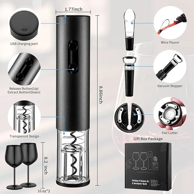 Electric Wine Opener Set Rechargeable, Automatic Corkscrew Set, Including Black Metal Wine Glasses of 2, Stainless Steel Wine Goblet, Ideal Gift for Wedding, Wine Lover, Birthday, Girl, Men