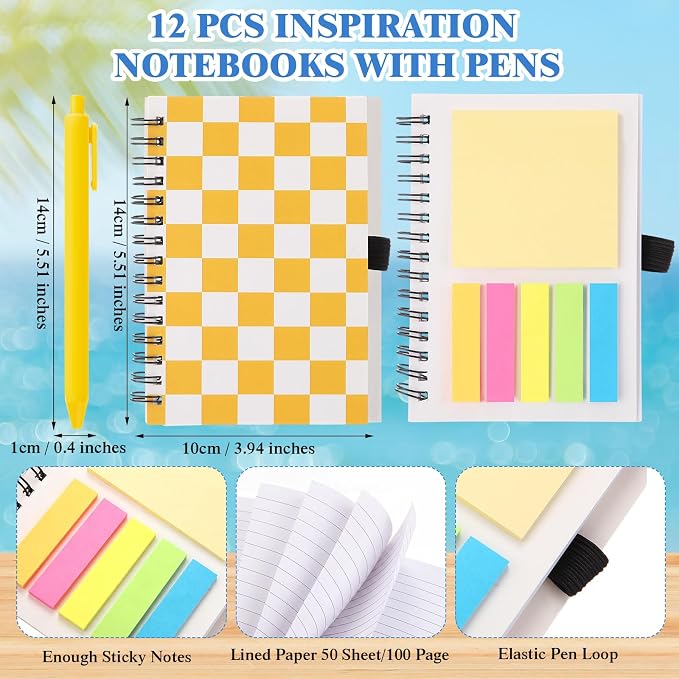 Skylety 12 Set Back to School Gingham Cup Bulk Teachers Appreciation Gifts 16 oz Pastel Checkered Glass Cups with Lids Straws Spiral Notebooks Pens for Silly Goose Birthday Classroom Student Supplies