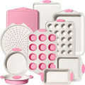 Kikcoin 22 PCS Nonstick Baking Pans Set, Stackable Bakeware Sets with Silicone Handles, 450°F Oven Safe Baking Sheet Set, Easy Release Cookie Sheets for Baking, Pink