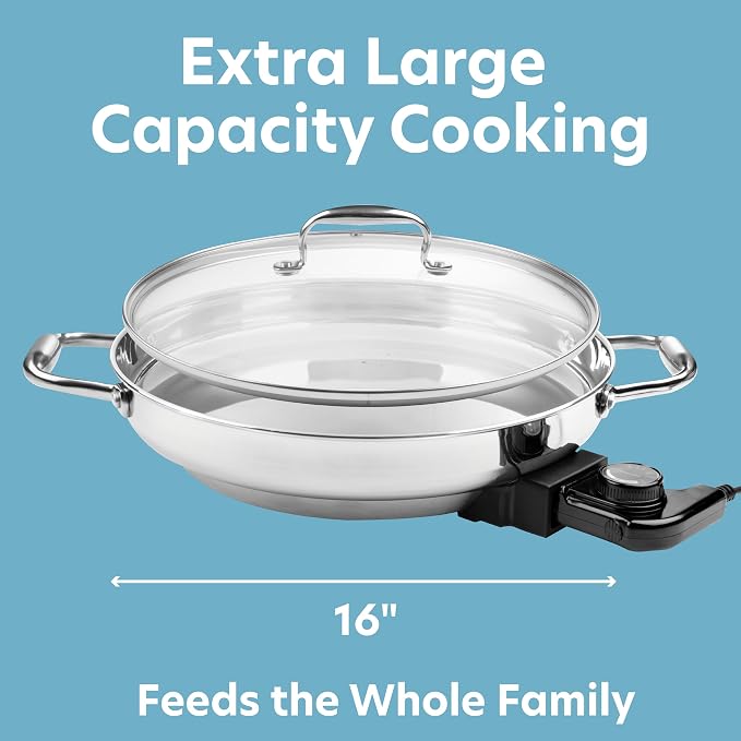CucinaPro XL Electric 16" Skillet, 18/10 Stainless Steel Pan with Lid | Round with Adjustable Temperature Control Probe, Tempered Glass Lid & Handle, Portable, Durable Cookware Large Family Meal