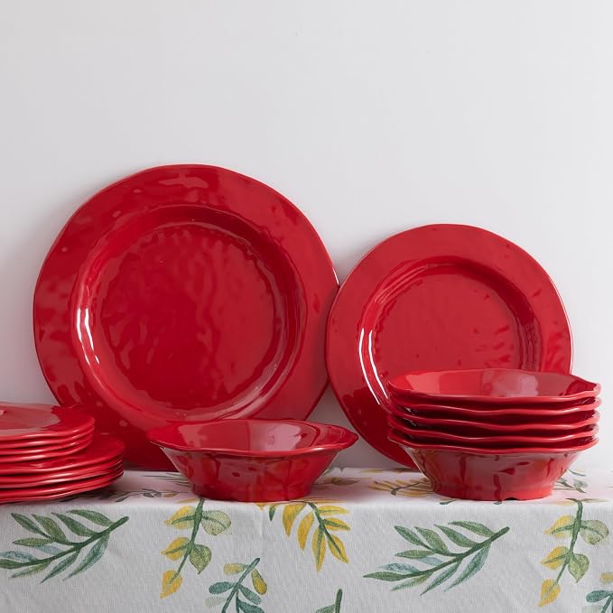 LEHAHA Red Melamine Dinnerware Sets, 18-Piece Melamine Dishes Set, Lightweight and Chip Resistant, Durable Plates and Bowls Set, Safe for Daily Use, Dishwasher Safe, Service for 6