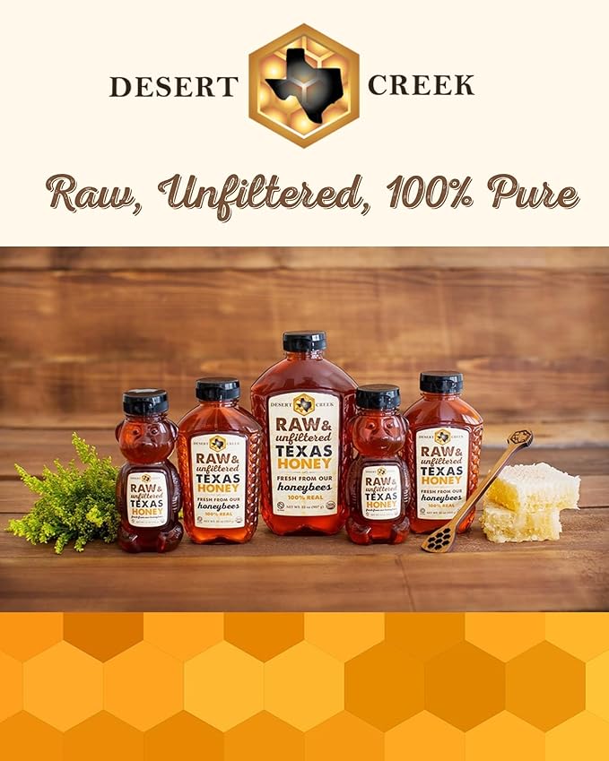 Desert Creek Honey - 100% Unfiltered, Pure, Raw Honey from Texas - Natural Sugar Substitute - Two Pounds of Unprocessed, Unpasteurized American Honey - Harvested by Our Own Beekeepers