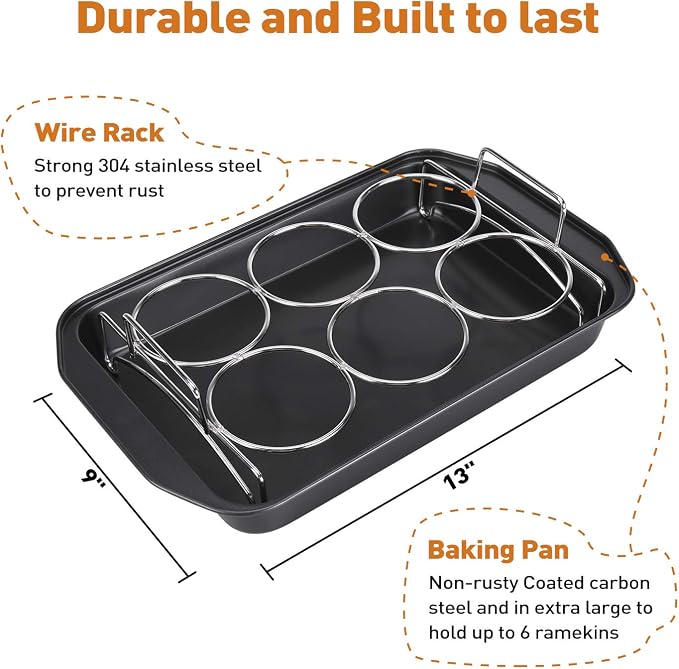 Creme Brulee Making Set - 6 Porcelain Ramekins 6 oz, 304 Stainless Steel Lifting Rack, 9" X 13" Bottom Pan