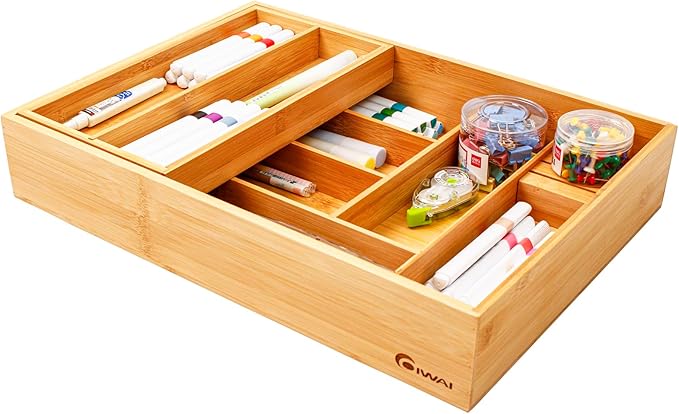 Double Layer Bamboo Kitchen Drawer Organizer Cutlery Utensil Silverware Drawer Organizer, cutlery Silverware Tray for Drawer, deep Utensil Holder Drawer Dividers for Flatware (L: 16.85 × 12.2 in)