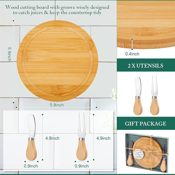 Maxcheck 5 Sets Baby Shower Bridal Game Prizes for Winners Round Cheese Board Set Wood Mini Charcuterie Board with Knives and Forks Thank You Card with Gift Box for Guests Wedding (Bamboo)
