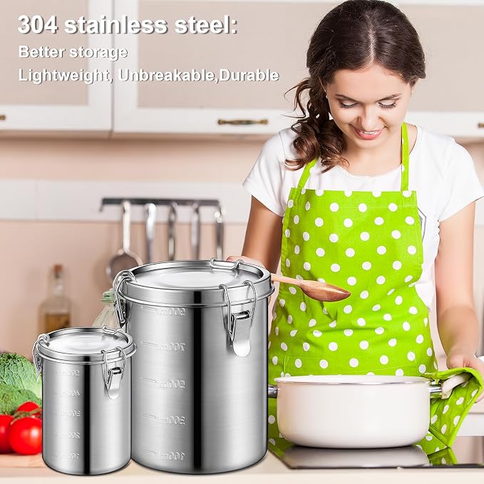 Sabary 4 Pcs Stainless Steel Airtight Food Containers for Kitchen 84oz 54oz 34oz 17oz Coffee Bean Flour Sugar Tea Cereal Cookie Metal Food Storage Canisters with Lids and Sturdy Locking Clamp