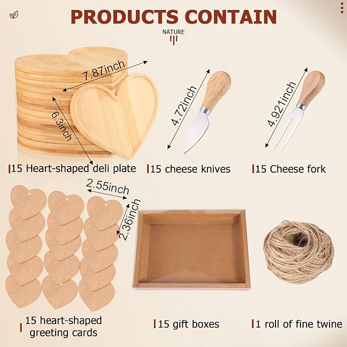 Nuogo 15 Set Bridal Shower Favors Heart Shaped Cheese Board Knife Fork Set Bamboo Heart Charcuterie Cutting Board with Thank You Tag and Boxes for Guests Gifts Wedding Baby Shower Valentine's Day